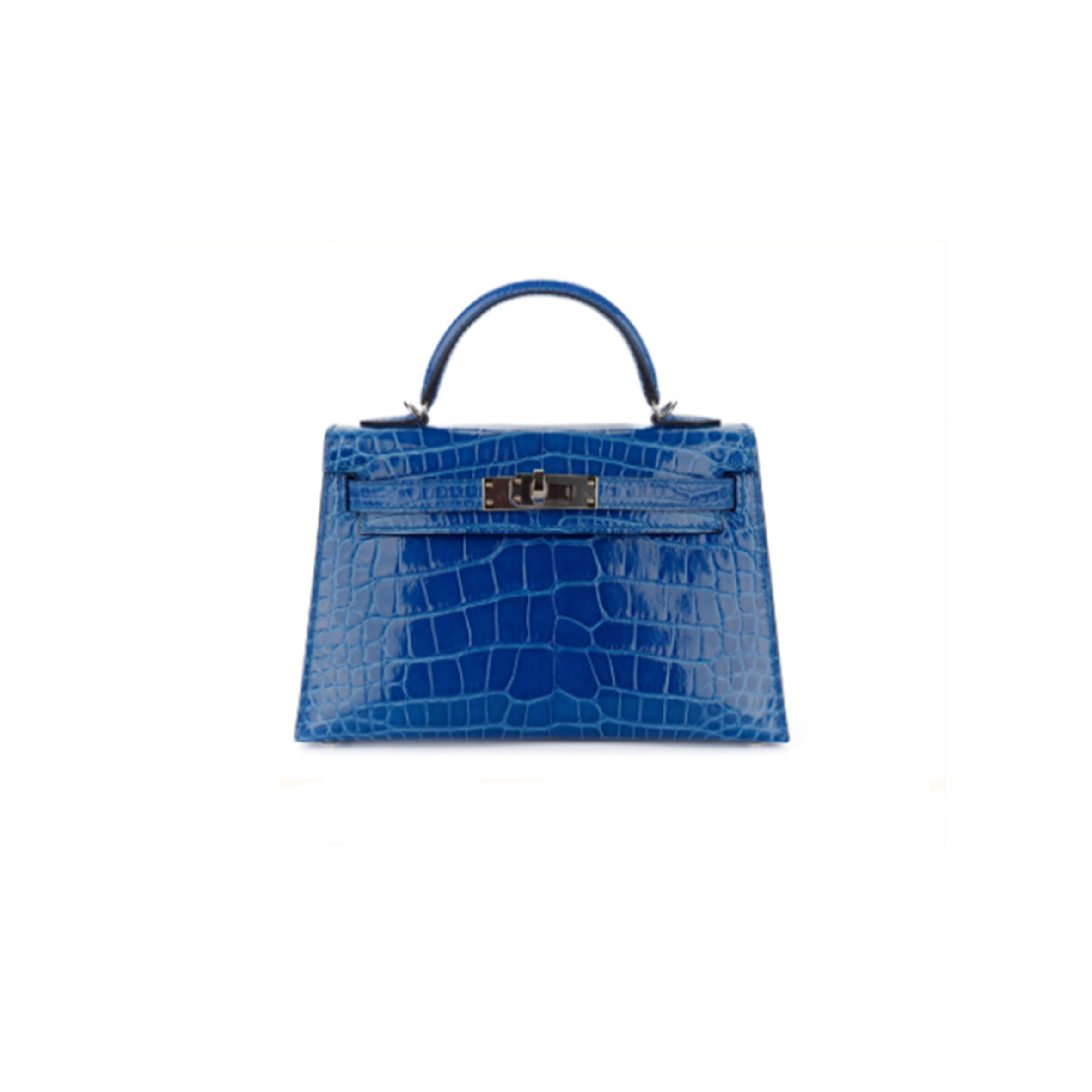 HERMÈS MASTER MINI KELLY II BLUE ZELLIGE I7 NILOTICUS CROCODILE SHINY (19*12*5.5cm)